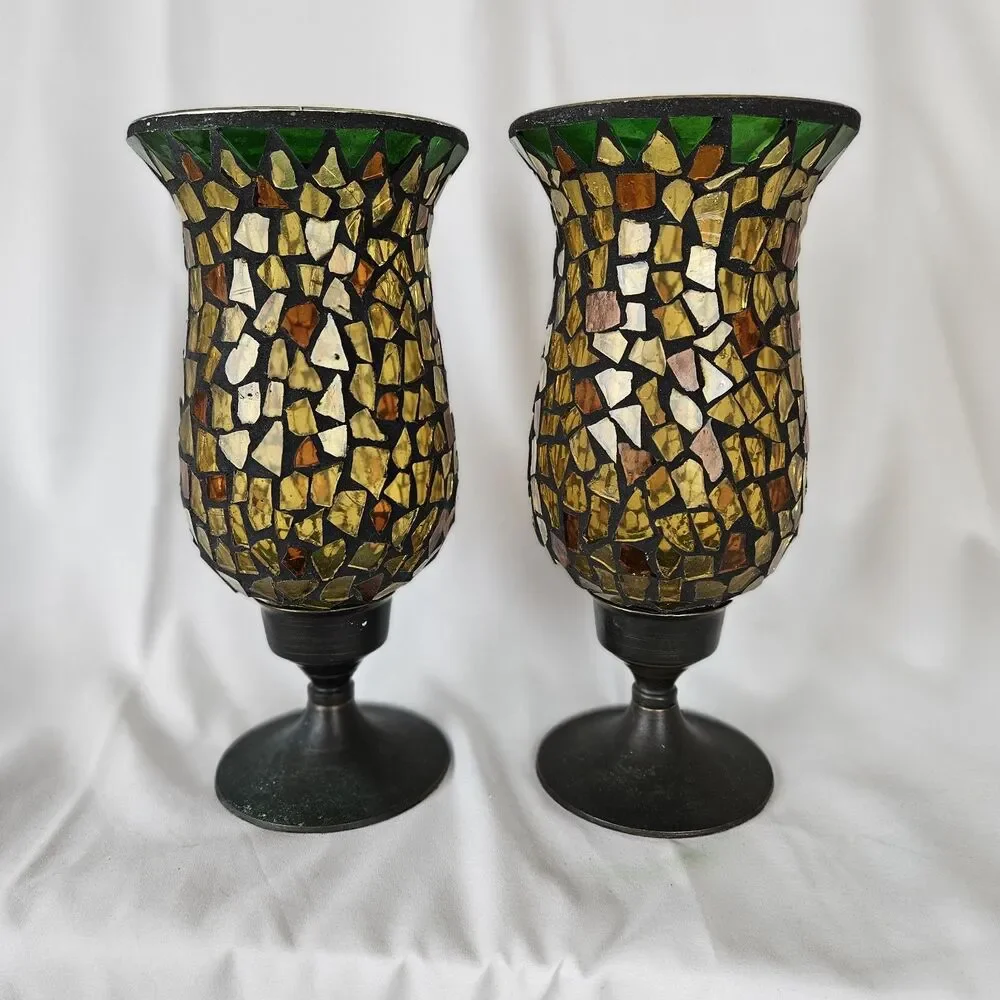Two Mosaic Hurricane Candle Holder Stained Glass Tiles Bronze Pier 1